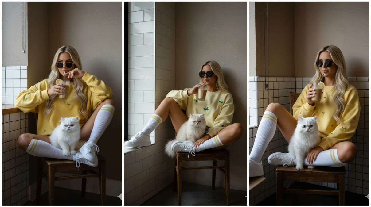 A hyper-realistic street style fashion photo of a young woman (keep the exact facial details from the reference photo) sitting casually on a wooden chair in a cozy cafe corner, leaning back with one leg up on the chair. A super cute Persian cat sits next to her. She wears an oversized sweatshirt paired with high socks and sneakers, styled with a playful yet chic lemon-inspired aesthetic. She wears black sunglasses and sips iced coffee with a relaxed expression. Lighting is soft natural moonlight with strong contrast, emphasizing the citrus-toned outfit and creating a moody, cinematic vibe. The background features a tiled wall and neutral beige plaster, enhancing the stylish contrast of the scene. Shot in documentary realism, ultra-detailed, cinematic, editorial streetwear photography.